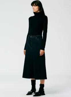 Black Denim Midi A-Line Skirt