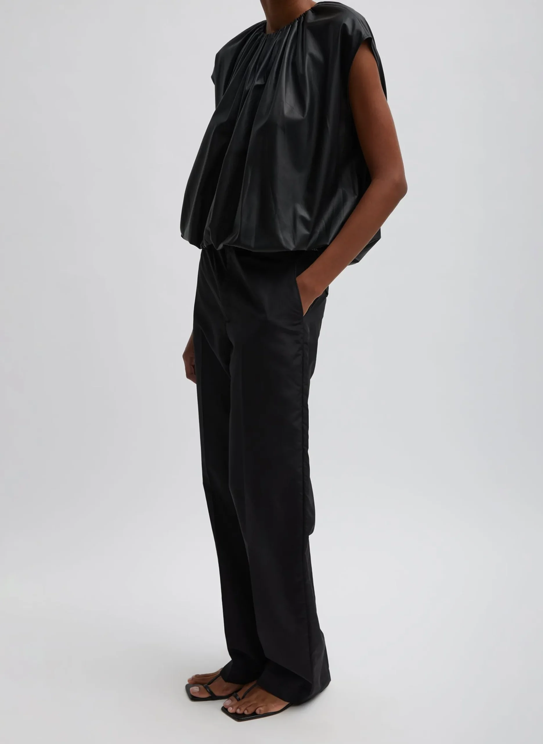 Feather Weight Leather Shirred Neck Circular Top