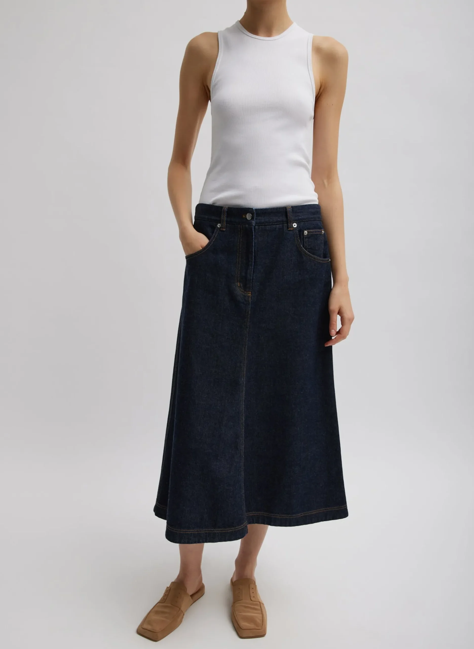 Indigo Denim Midi A-Line Skirt