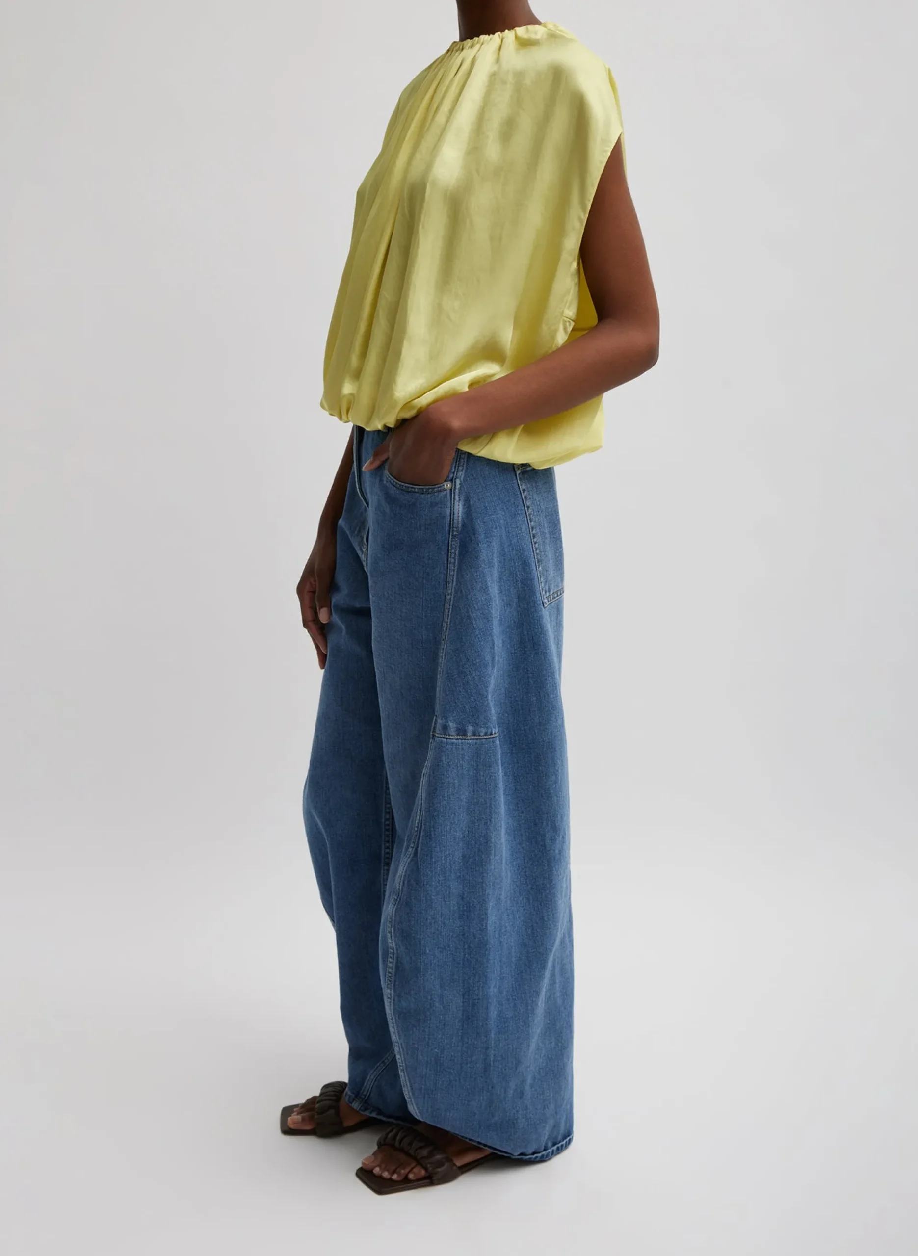 Spring Acetate Shirred Neck Circular Top